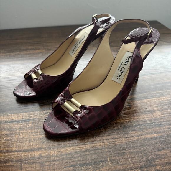 Jimmy Choo Bordeaux Croc Embossed Patent Leather Slingback Stiletto Heels - Picture 1 of 10